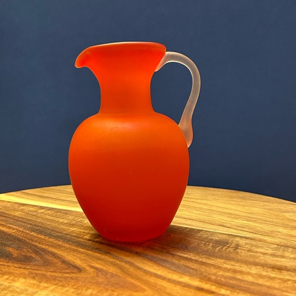 Satin Glass Hand Blown Orange Pitcher with Clear Attached Handle 4.5” X 2.5” - Picture 2 of 6